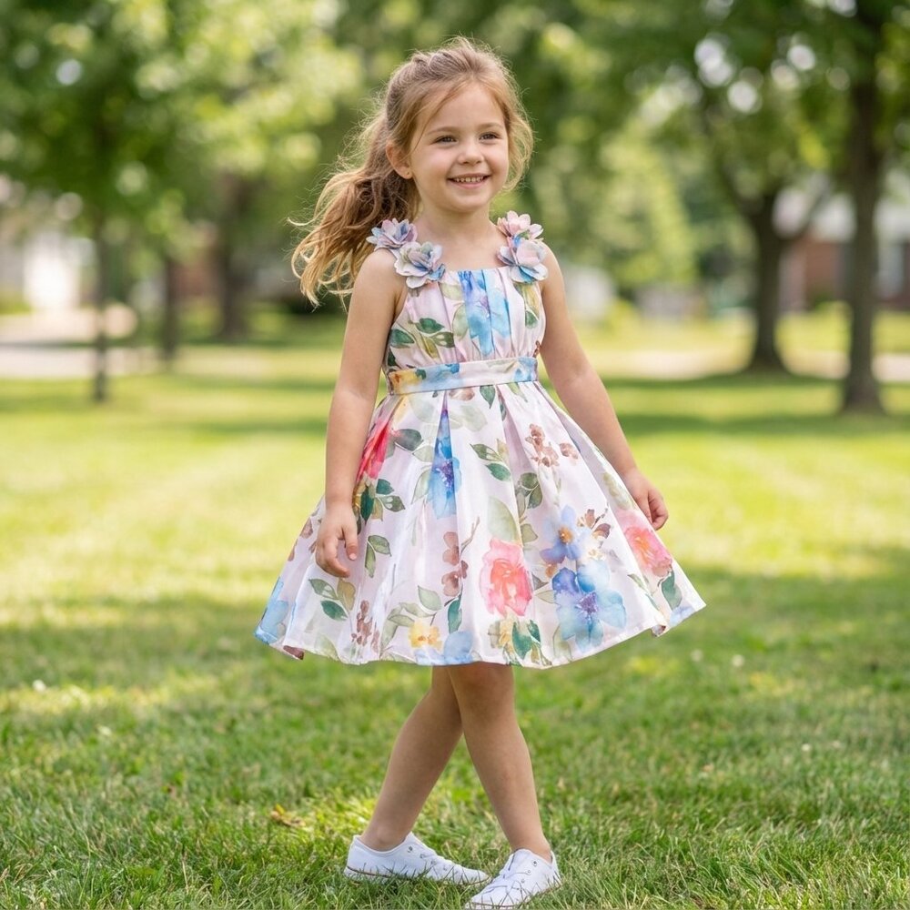 Peppermint Girls A-Line Floral Print Dress - Sleeveless Cotton Blend- Multicolor